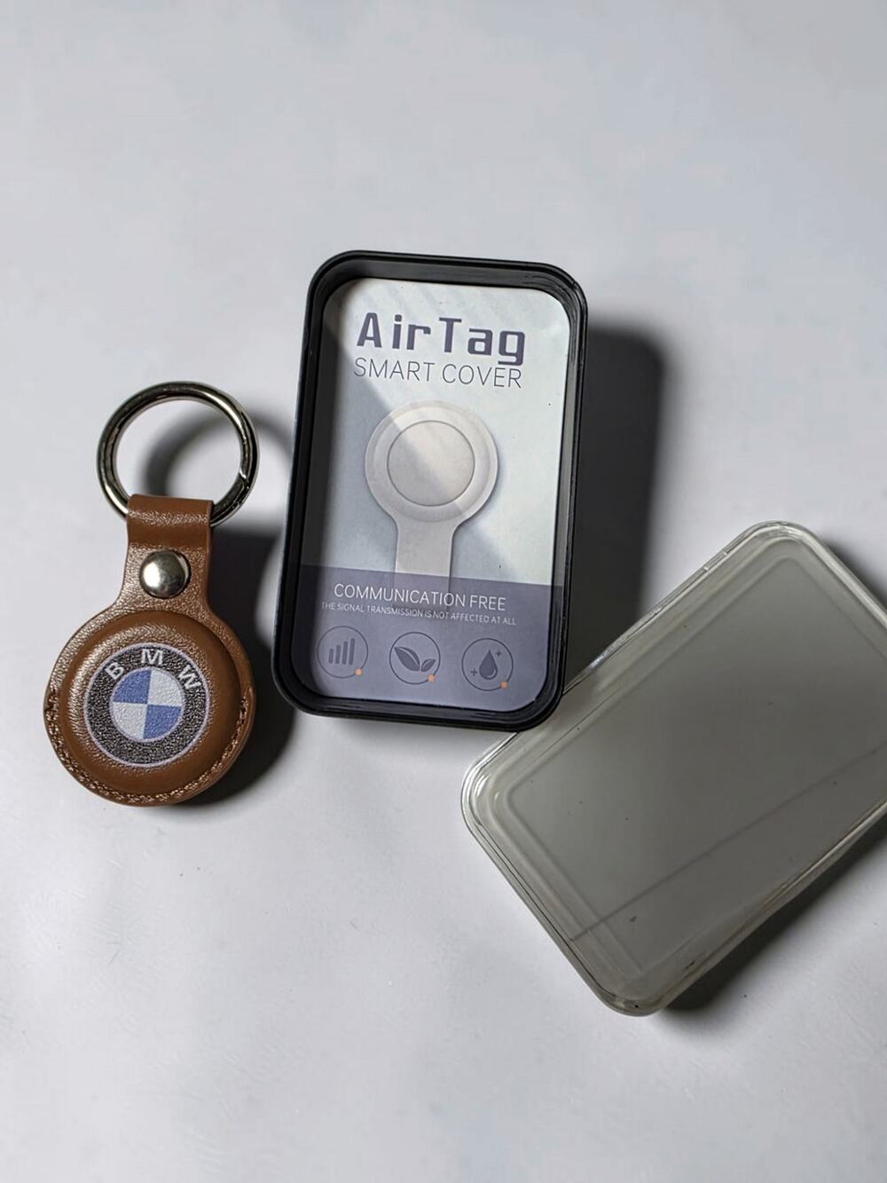 BMW Logo Brown Leather AirTag Holder Keychain with Smart Cover Case